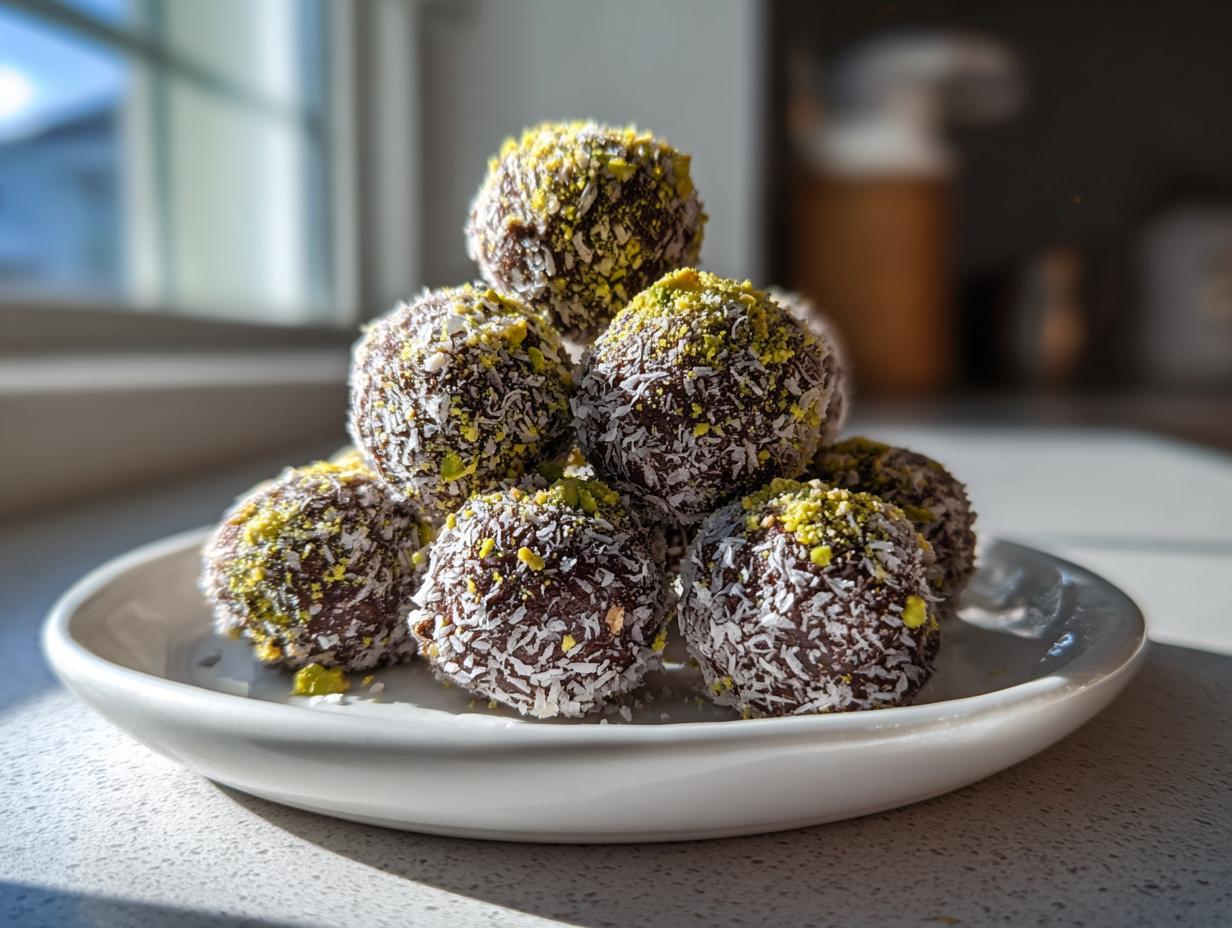 A stack of homemade dubai chocolate balls coated in shredded coconut and crushed green pistachios, served on a white plate.