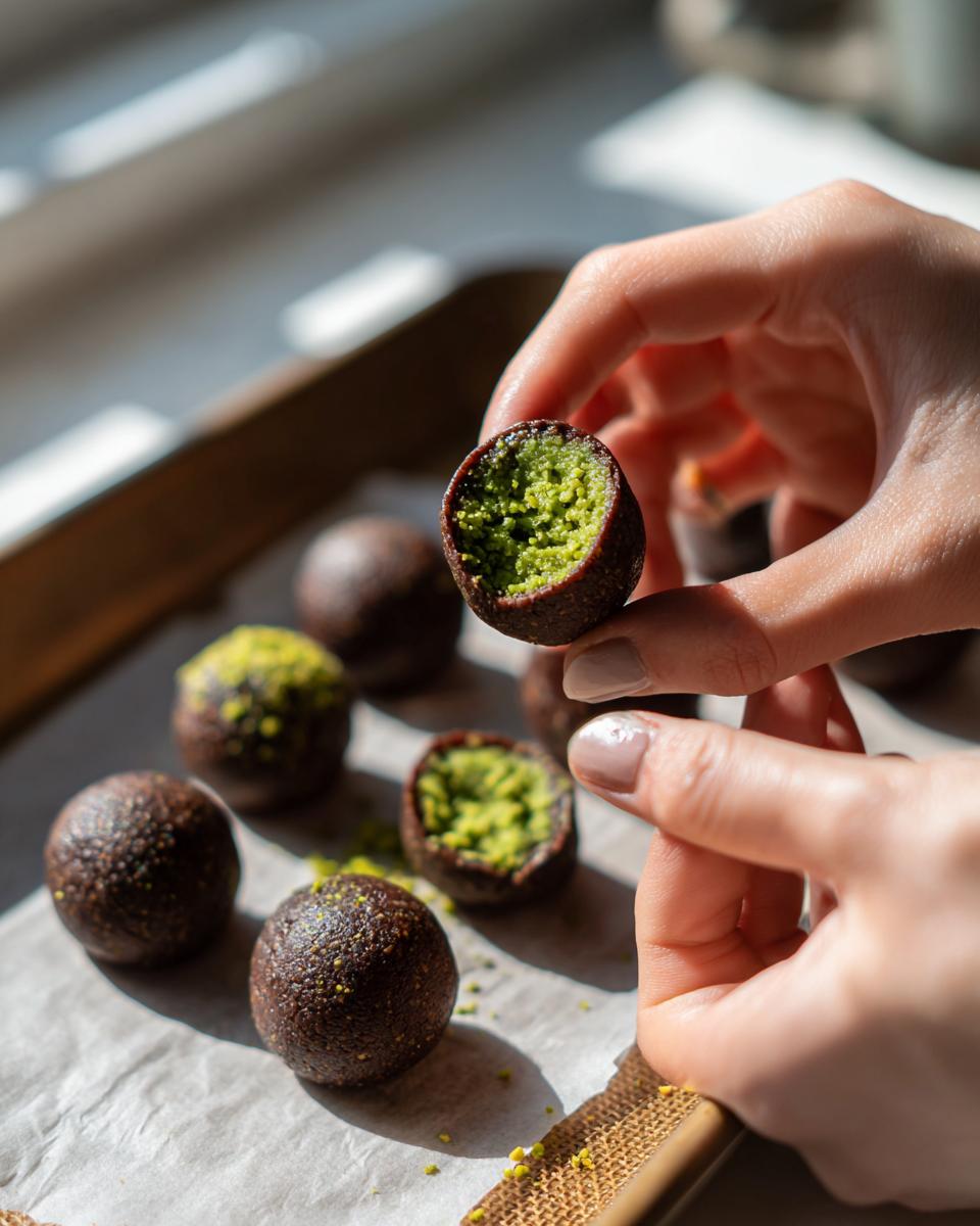 Hands holding a halved dubai chocolate balls revealing a bright green pistachio filling inside the rich chocolate shell.