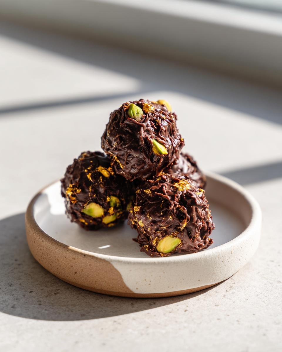 A stack of decadent dubai chocolate balls coated in dark chocolate, topped with pistachios and gold flakes, served on a small ceramic dish.
