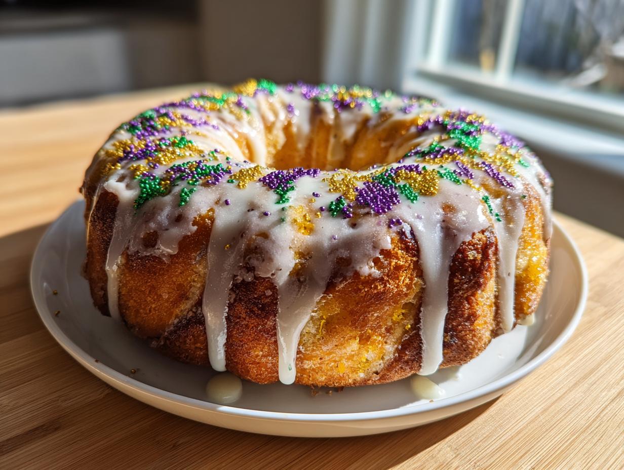 A freshly baked King Cake drizzled with white glaze and topped with purple, green, and gold sprinkles.