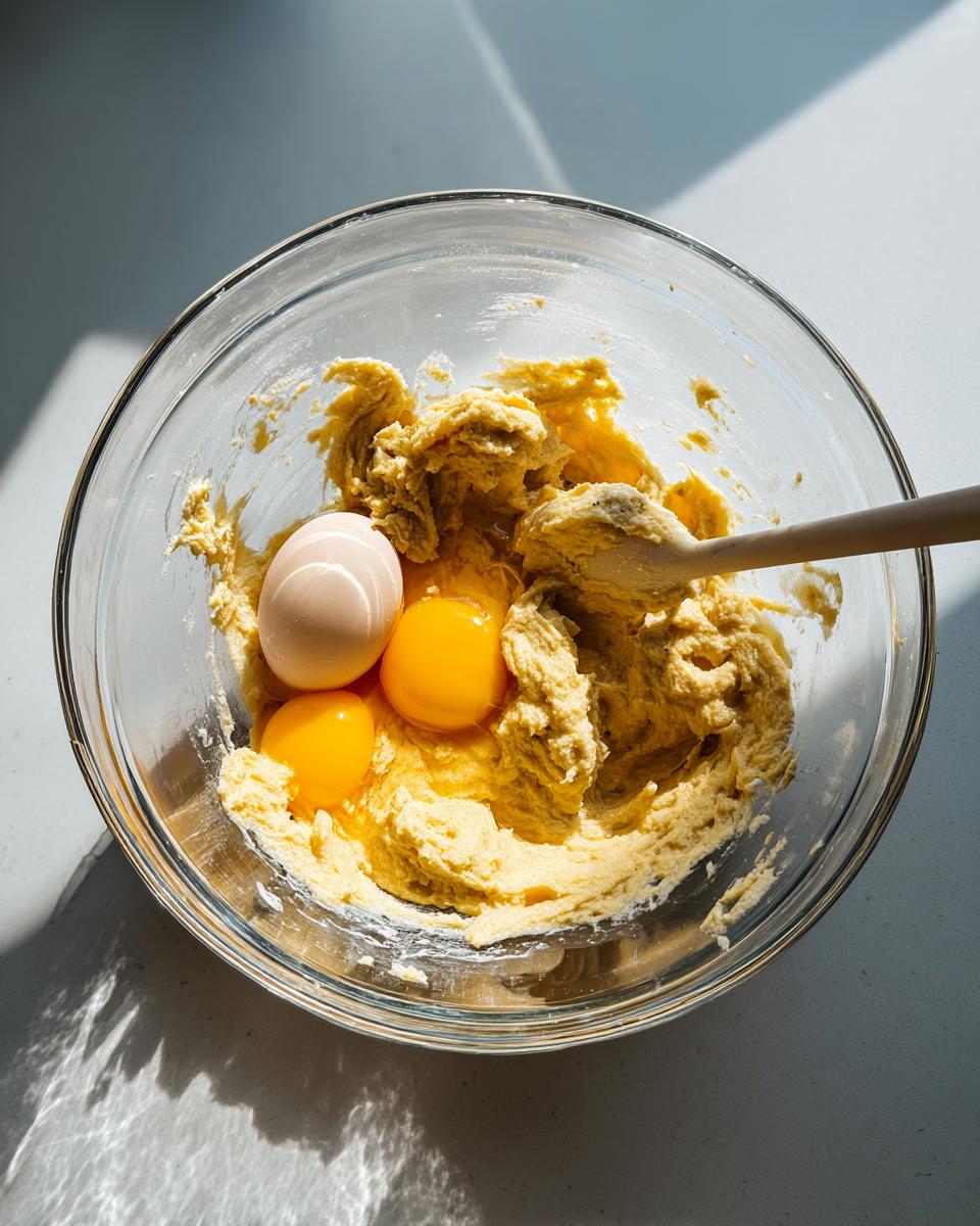 Mixing eggs into the wet ingredients for sugar free banana bread batter in a clear glass bowl.