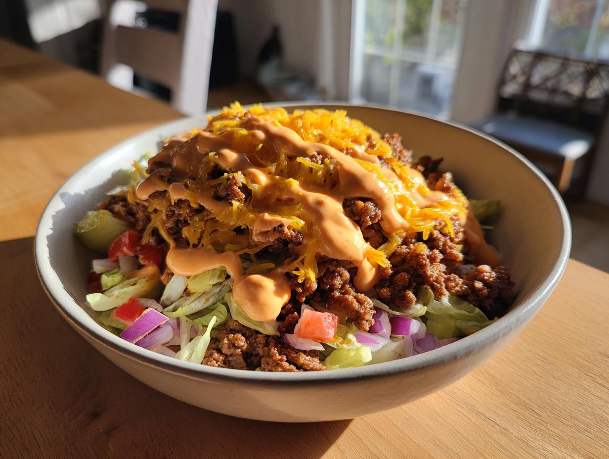 A close-up of a hearty cheeseburger bowl featuring seasoned ground beef, shredded lettuce, red onion, tomatoes, melted cheese, and a drizzle of sauce.