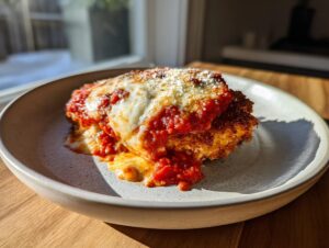 A close-up of a serving of keto chicken parmesan covered in melted mozzarella and marinara sauce on a speckled plate.