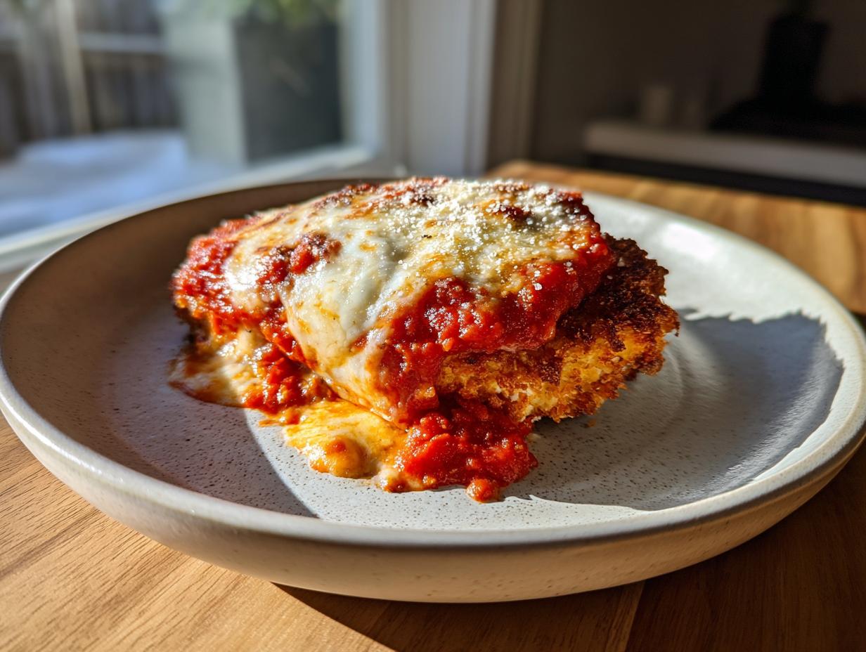 A close-up of a serving of keto chicken parmesan covered in melted mozzarella and marinara sauce on a speckled plate.