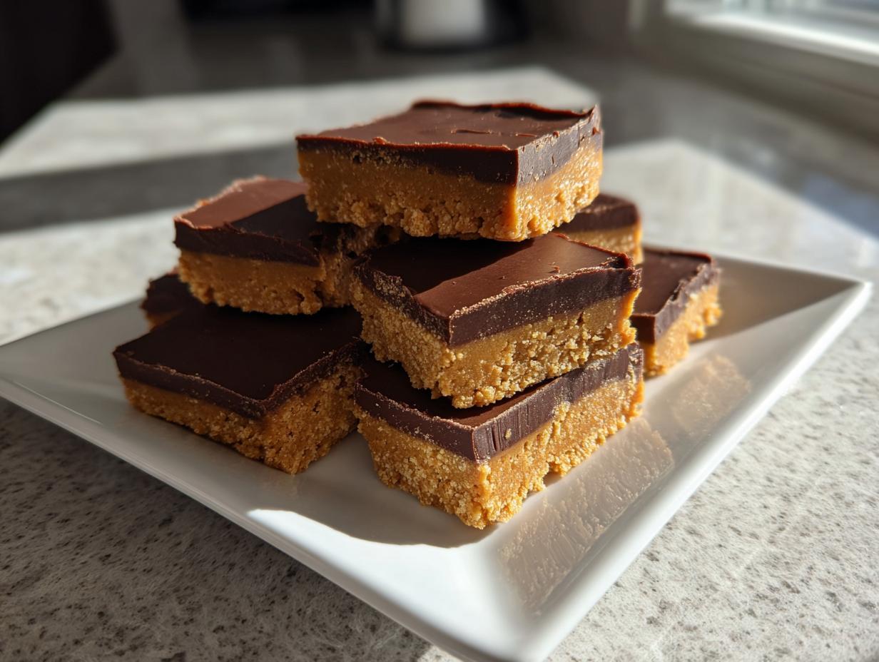 A stack of rich, layered peanut butter bars topped with smooth dark chocolate, ready to eat.