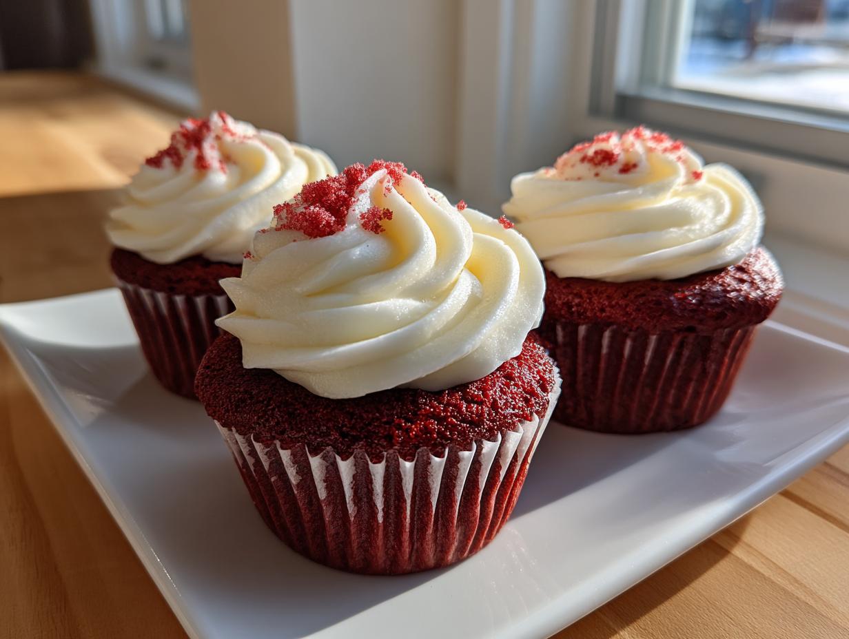Three delicious red velvet cupcakes topped with swirls of white cream cheese frosting and red cake crumbs.