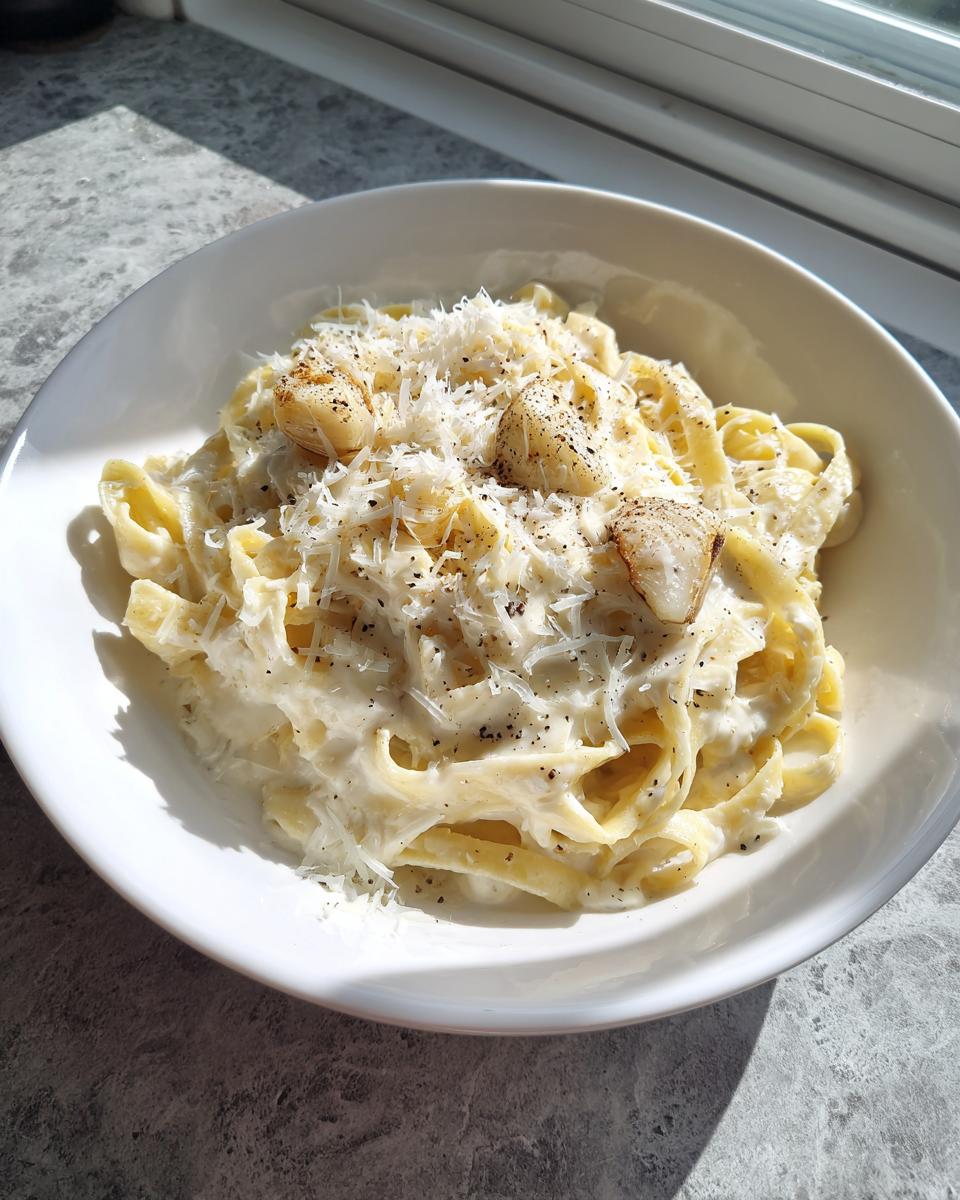 Close-up of fettuccine pasta coated in creamy homemade alfredo sauce, topped with grated Parmesan and roasted garlic cloves.