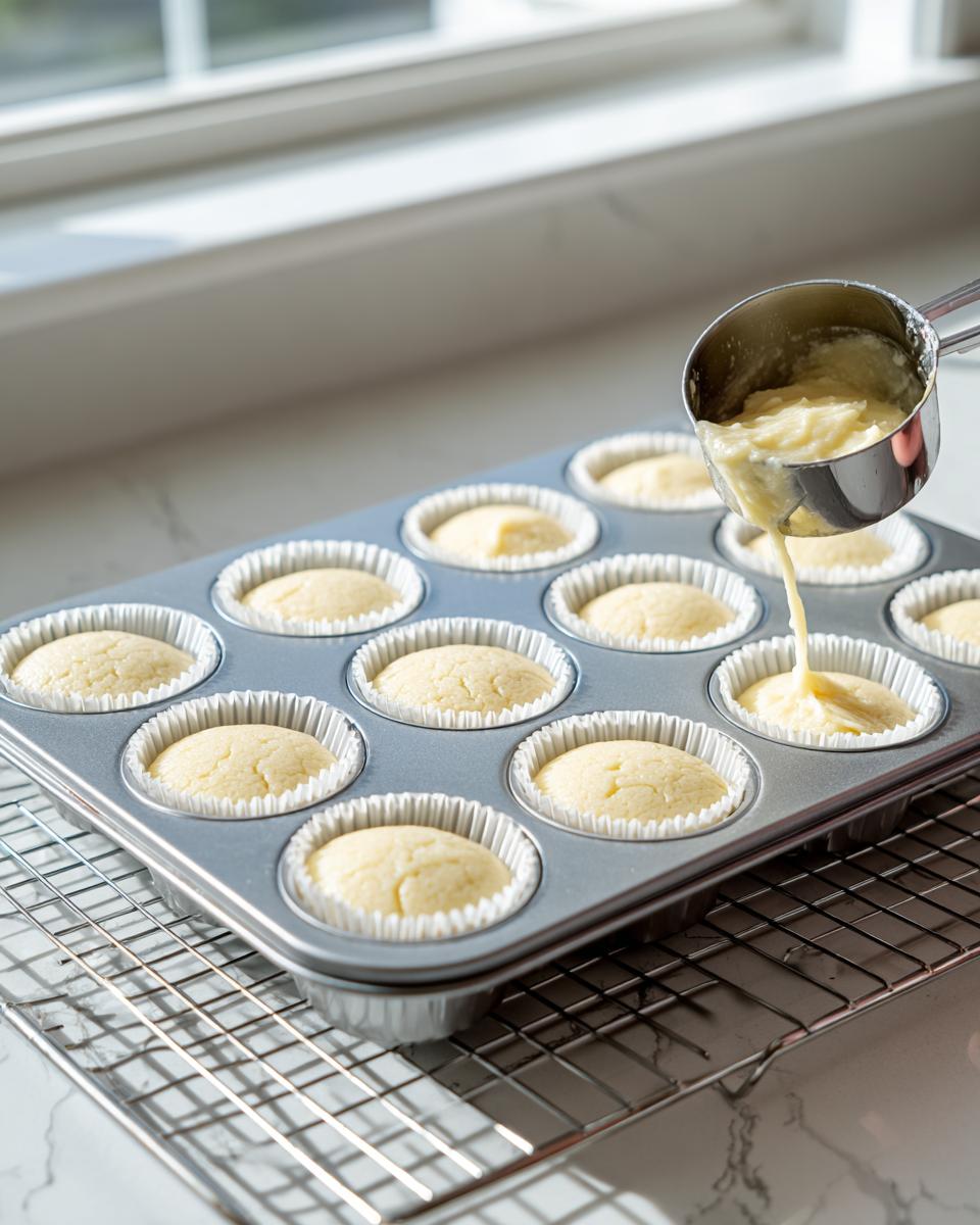 Pouring batter into a muffin tin to make vanilla cupcakes, using a metal scoop.