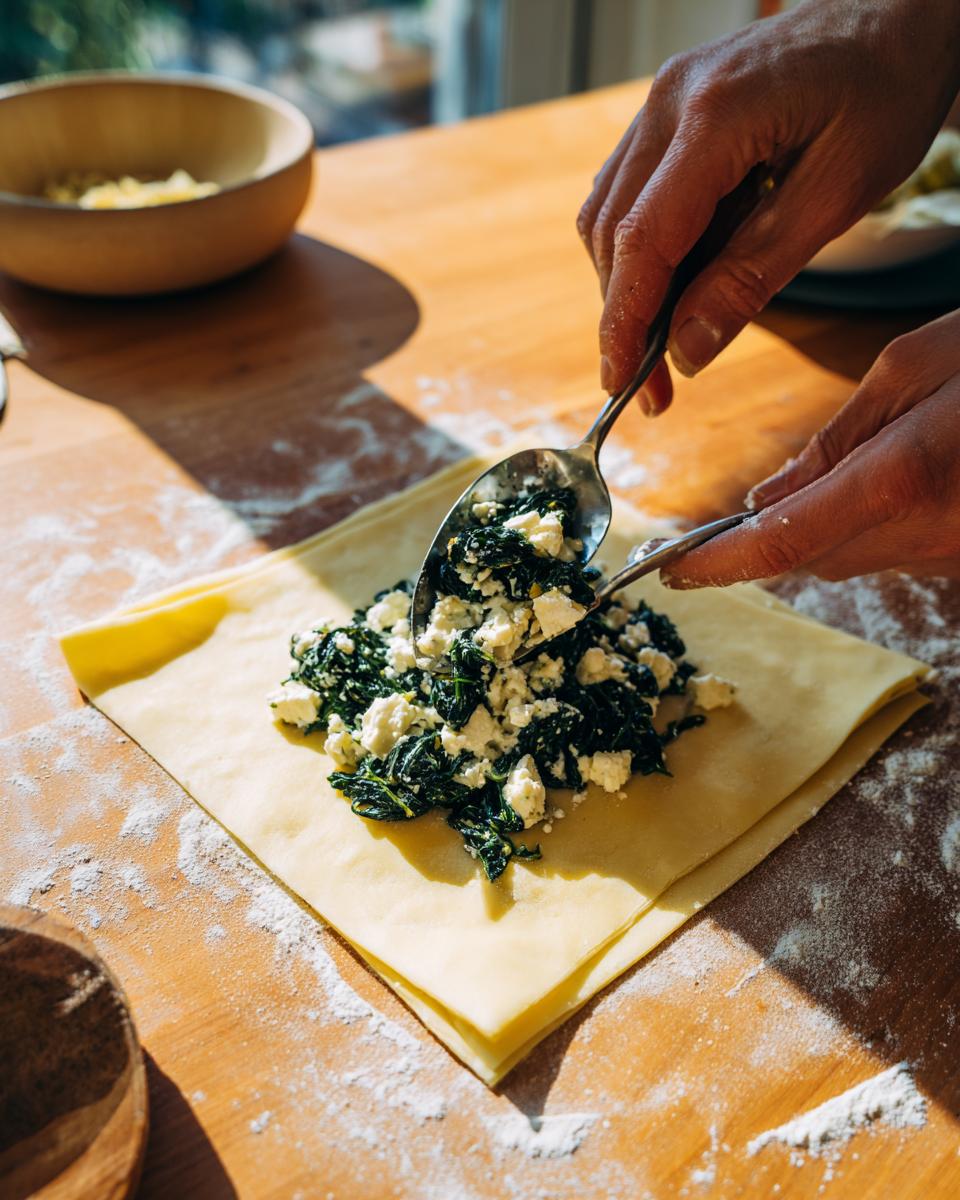 Hands spooning spinach and feta cheese filling onto phyllo dough for Mediterranean Spinach and Feta Cheese Crisps.
