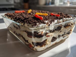 A layered oreo dirt cake dessert in a clear glass dish, topped with crushed cookies and gummy worms.