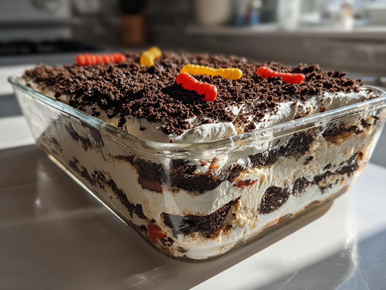 A layered oreo dirt cake dessert in a clear glass dish, topped with crushed cookies and gummy worms.