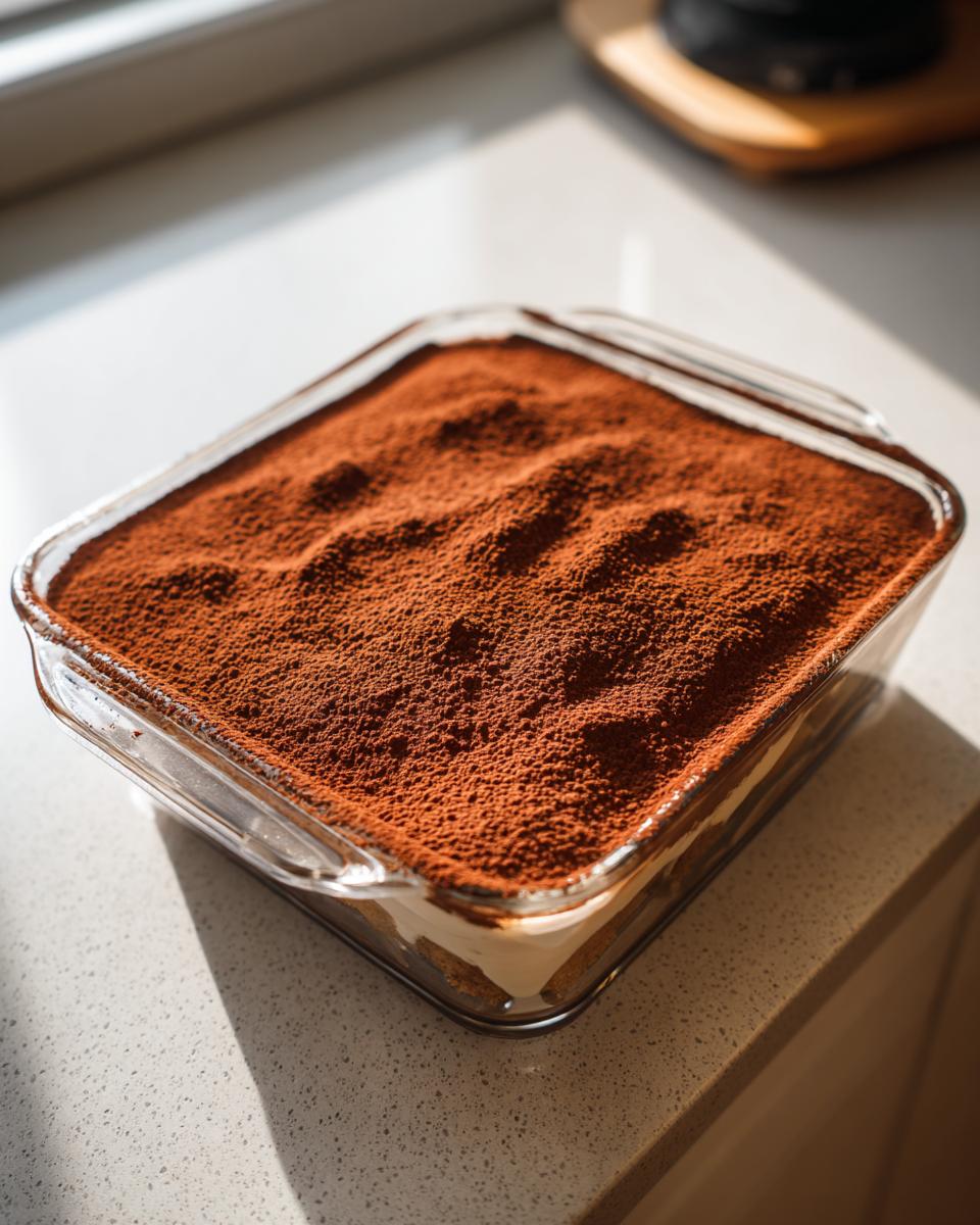 A freshly made tiramisu recipe dessert dusted heavily with cocoa powder in a clear glass baking dish.