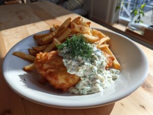 A piece of golden fried fish topped generously with homemade tartar sauce and fresh dill, served alongside french fries.