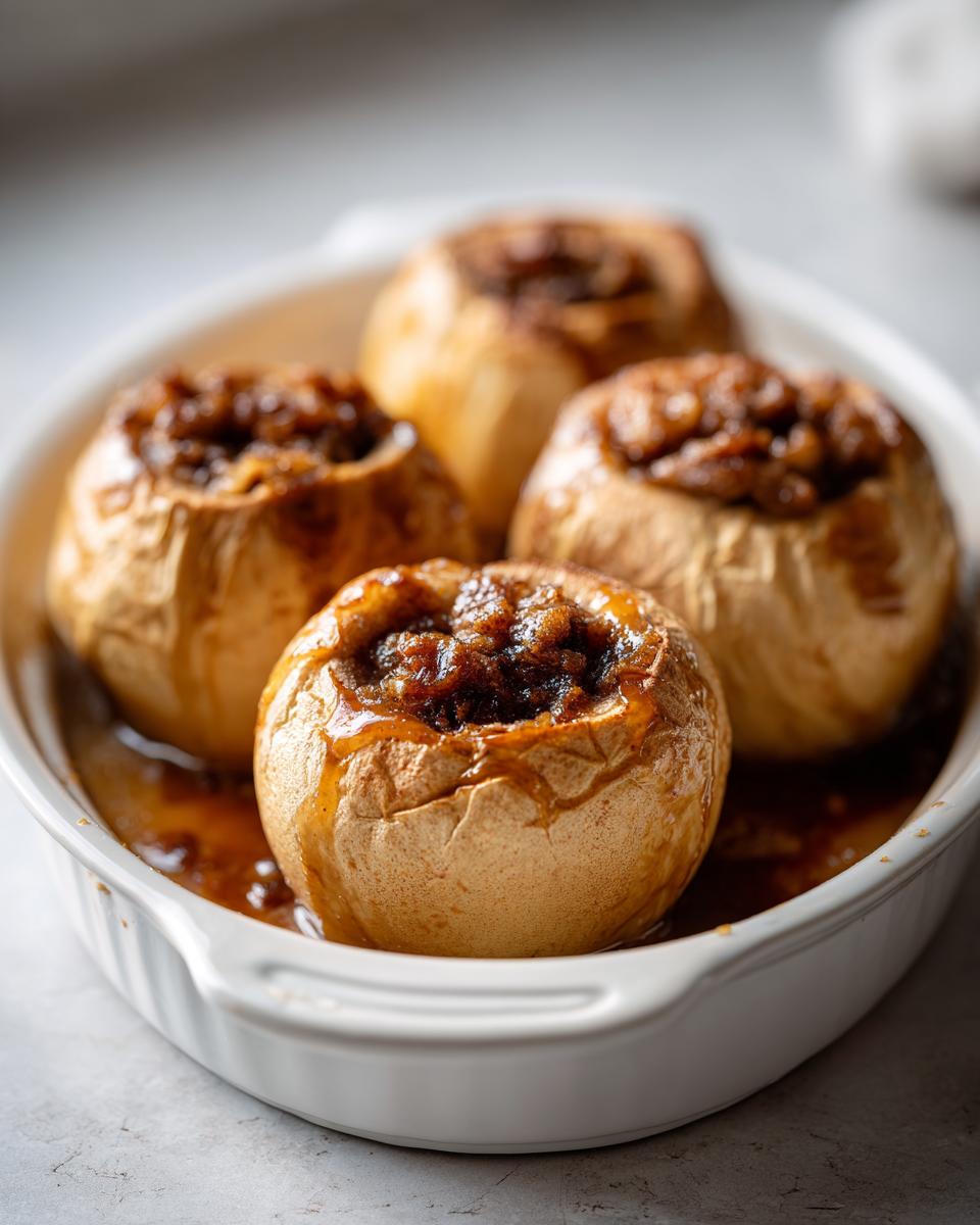 Four golden brown baked apples stuffed with brown sugar filling sitting in a white ceramic baking dish.