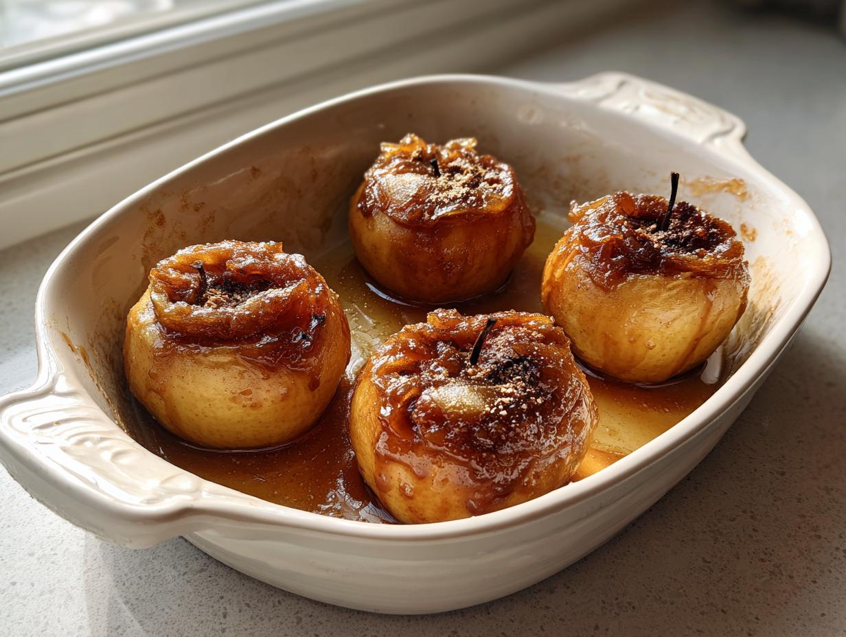 Four perfectly glazed baked apples sitting in a pool of caramel sauce in a white baking dish.