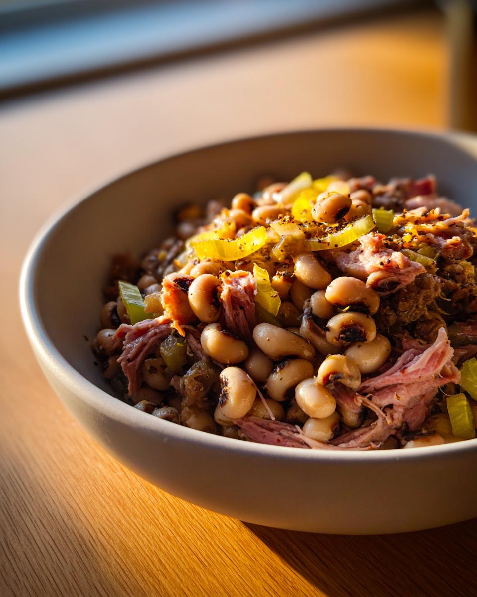 Close-up of a bowl of seasoned black eyed peas mixed with shredded smoked meat and topped with yellow peppers.