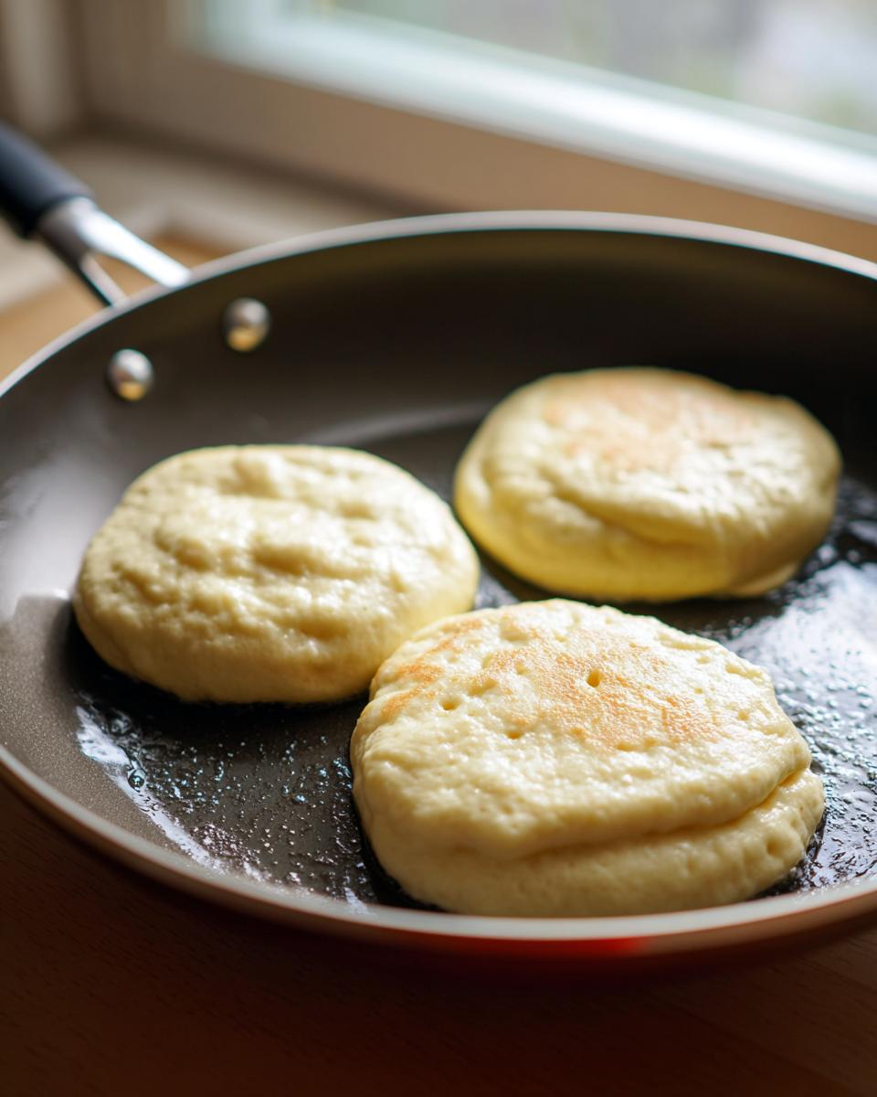 Three thick, fluffy banana oatmeal pancakes cooking in a non-stick skillet, showing bubbles on the surface.