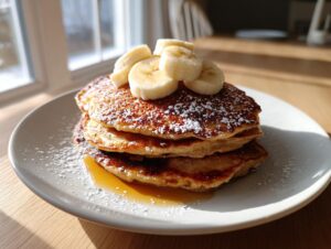 A stack of three fluffy banana oatmeal pancakes topped with sliced bananas and powdered sugar, drizzled with syrup.