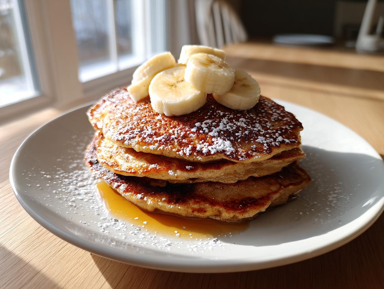 A stack of three fluffy banana oatmeal pancakes topped with sliced bananas and powdered sugar, drizzled with syrup.