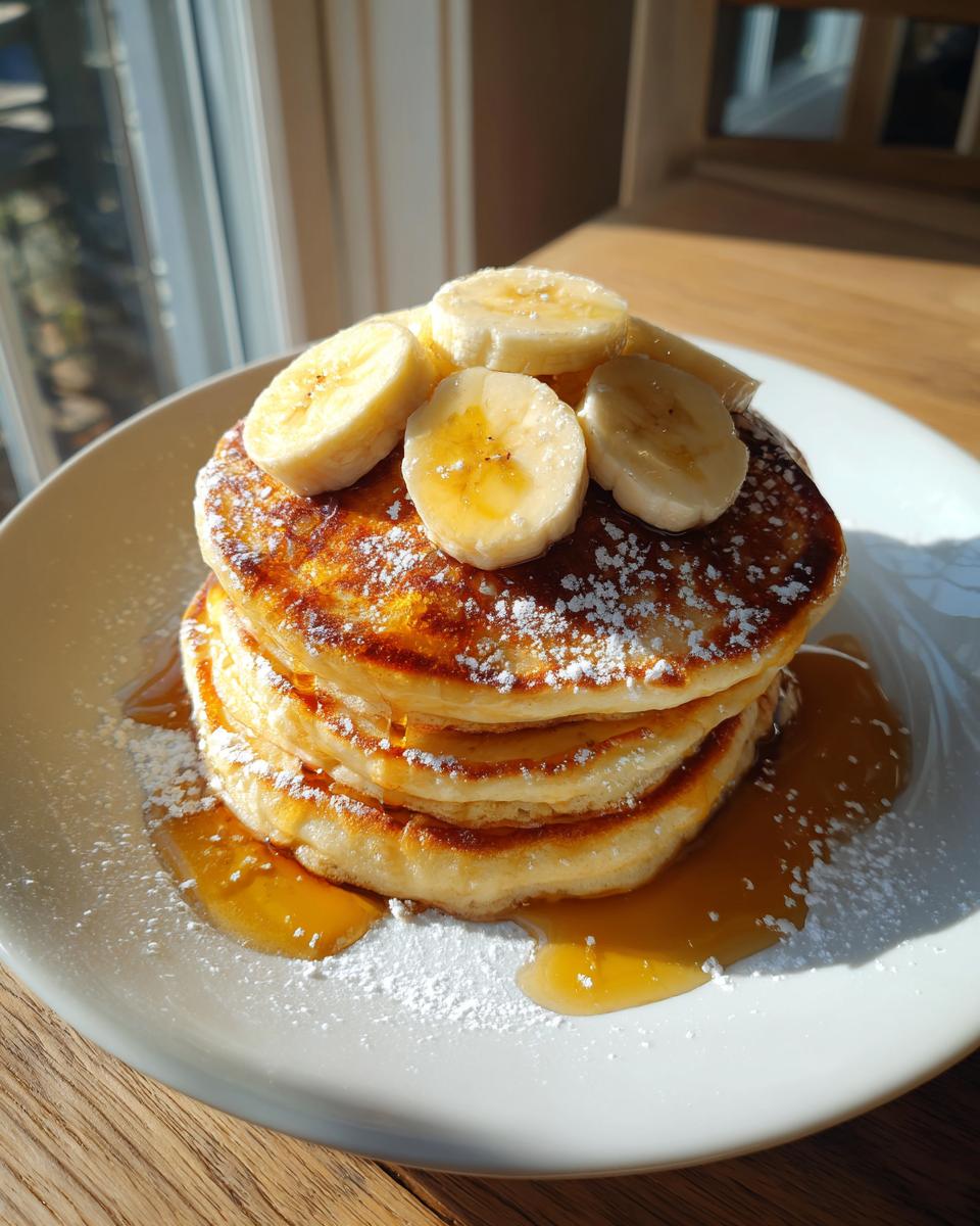 A tall stack of fluffy banana pancakes topped with sliced bananas, drizzled with syrup, and dusted with powdered sugar.