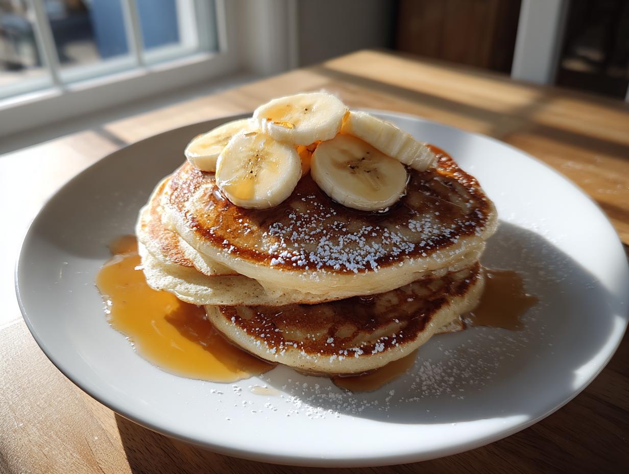 A tall stack of fluffy banana pancakes topped with sliced bananas, powdered sugar, and syrup.