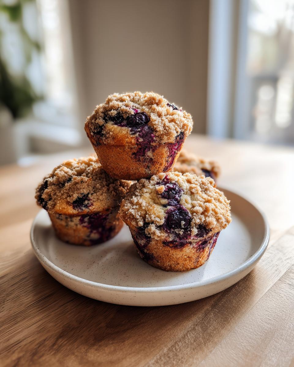 Three fluffy blueberry muffin tops with a generous crumb topping stacked on a small speckled plate.