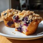 Close-up of a fluffy blueberry muffin cut in half showing moist interior packed with blueberries and a crumb topping.