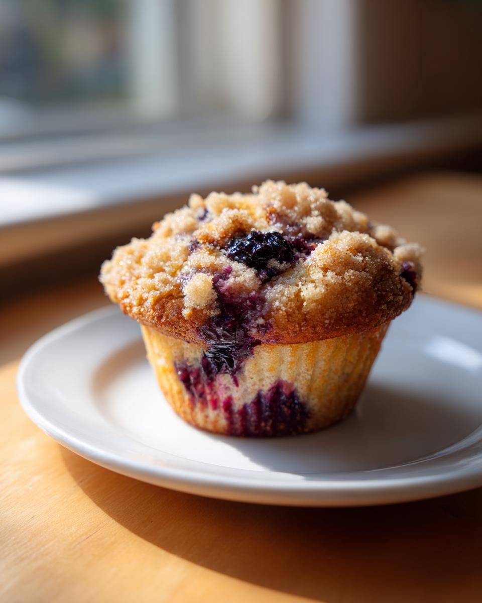 A single, fluffy blueberry muffin topped with streusel crumbs, sitting on a white plate near a window.