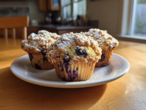Three fluffy blueberry muffin treats topped with streusel and powdered sugar on a white plate.