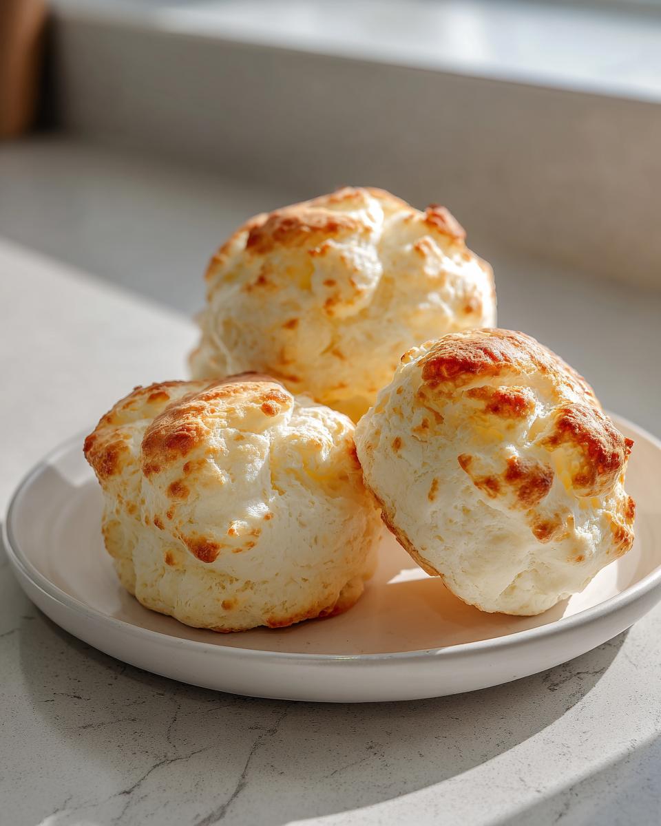 Three golden-brown, fluffy cloud bread portions resting on a light-colored plate next to a window.