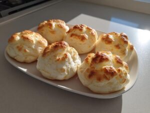 Six freshly baked, light and fluffy cloud bread puffs with golden-brown tops arranged on a white platter.