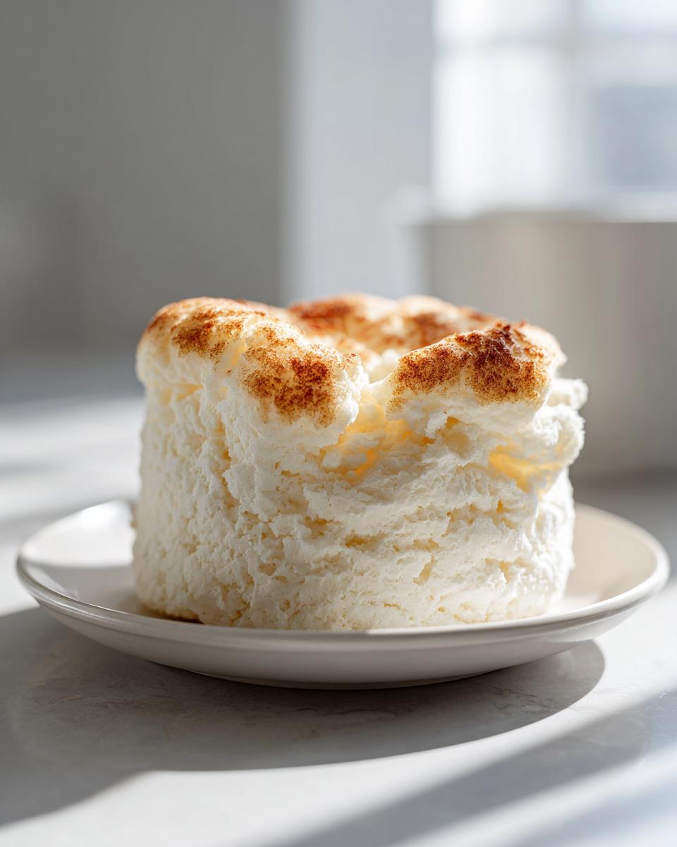 A single, tall, fluffy cloud bread serving with a lightly browned top, resting on a small white saucer.