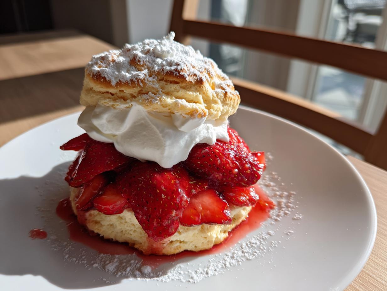A perfect strawberry shortcake layered with macerated strawberries, whipped cream, and dusted heavily with powdered sugar.