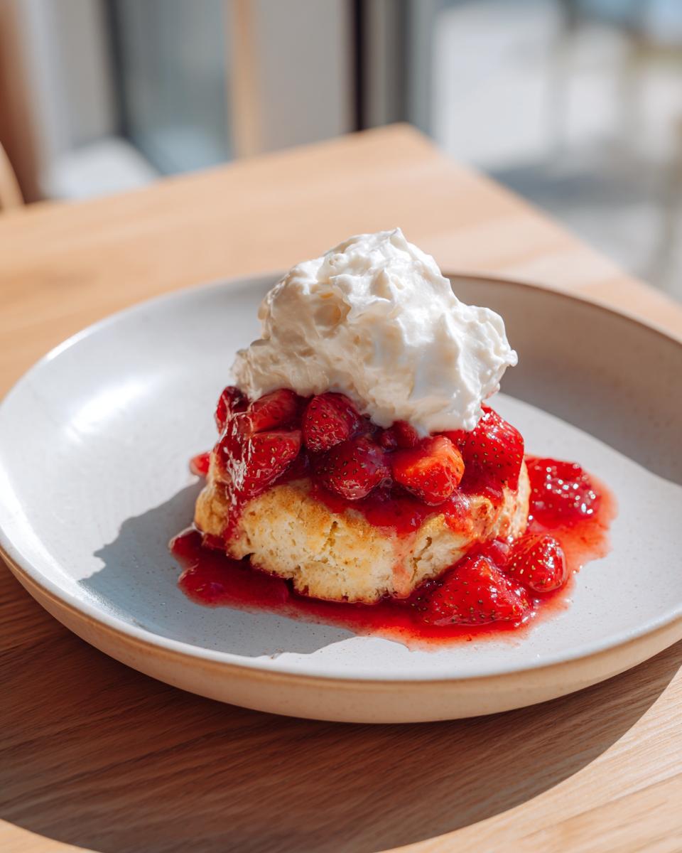 A fluffy biscuit base topped with macerated strawberries and a generous dollop of whipped cream, classic shortcake dessert.