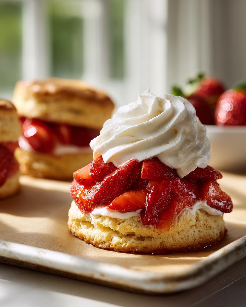 Close-up of a fluffy shortcake biscuit topped with macerated strawberries and a swirl of whipped cream.