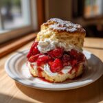 A tall, fluffy shortcake split and filled with macerated strawberries and whipped cream, dusted with powdered sugar.