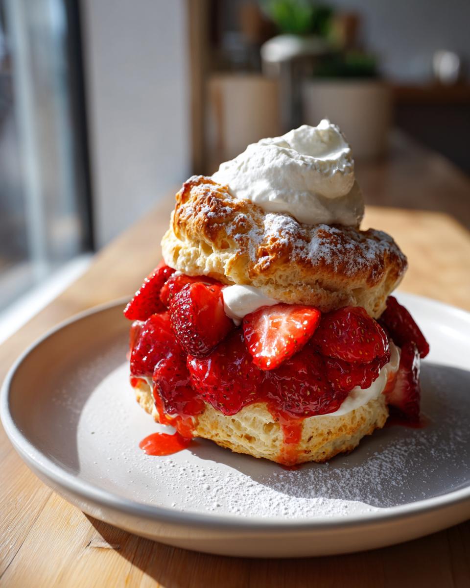 A close-up of a delicious, fluffy shortcake stacked high with macerated strawberries and topped with whipped cream.