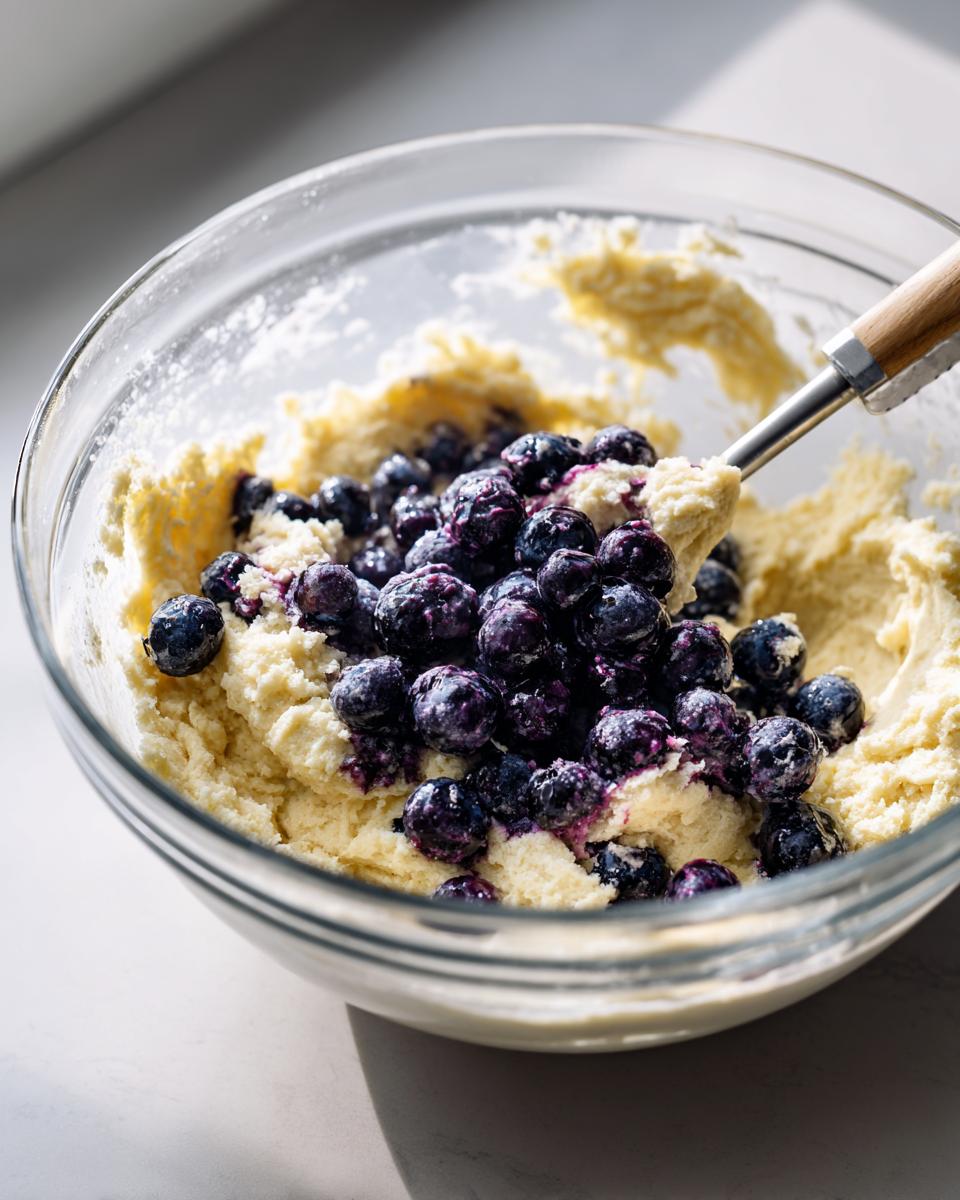 Close-up of fresh blueberries being gently folded into thick, pale yellow blueberry muffin batter in a clear glass bowl.