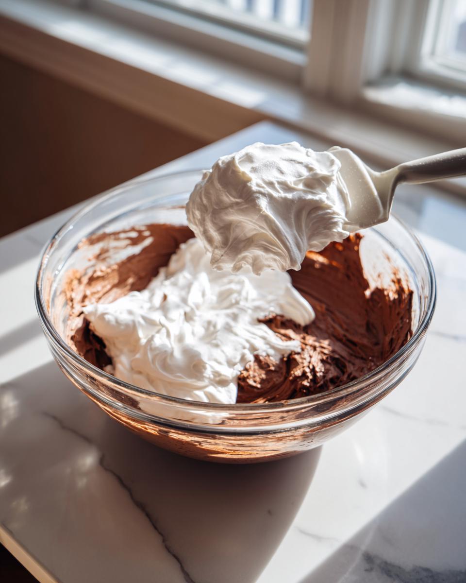 Folding stiffly whipped cream into the chocolate base for the flourless chocolate torte in a clear glass bowl.