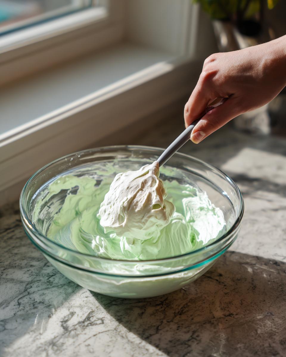 A hand folds stiff whipped cream into light green grasshopper pie filling in a glass bowl.