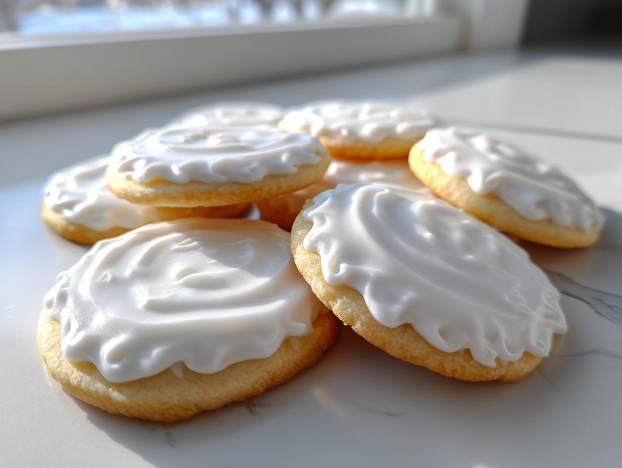 A close-up of several round sugar cookies topped with thick, glossy white sugar cookie icing, set near a window.