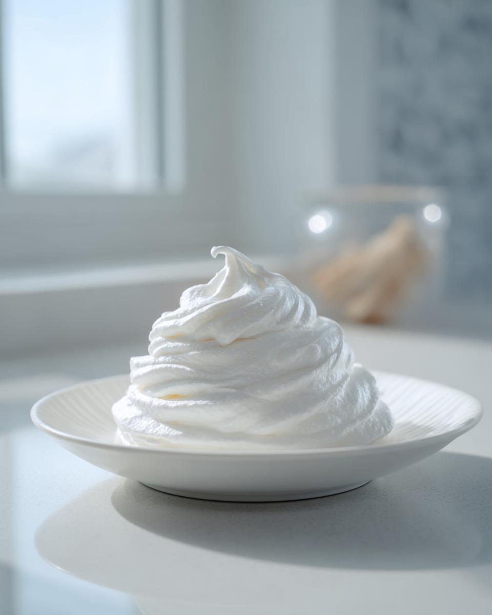 A pristine swirl of thick, white sugar cookie icing piped onto a small white dish, ready for decorating.