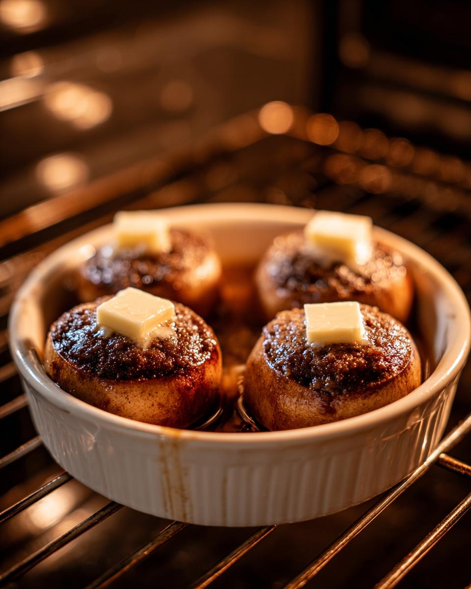 Four cored baked apples topped with brown sugar filling and a pat of butter, cooking inside an oven.