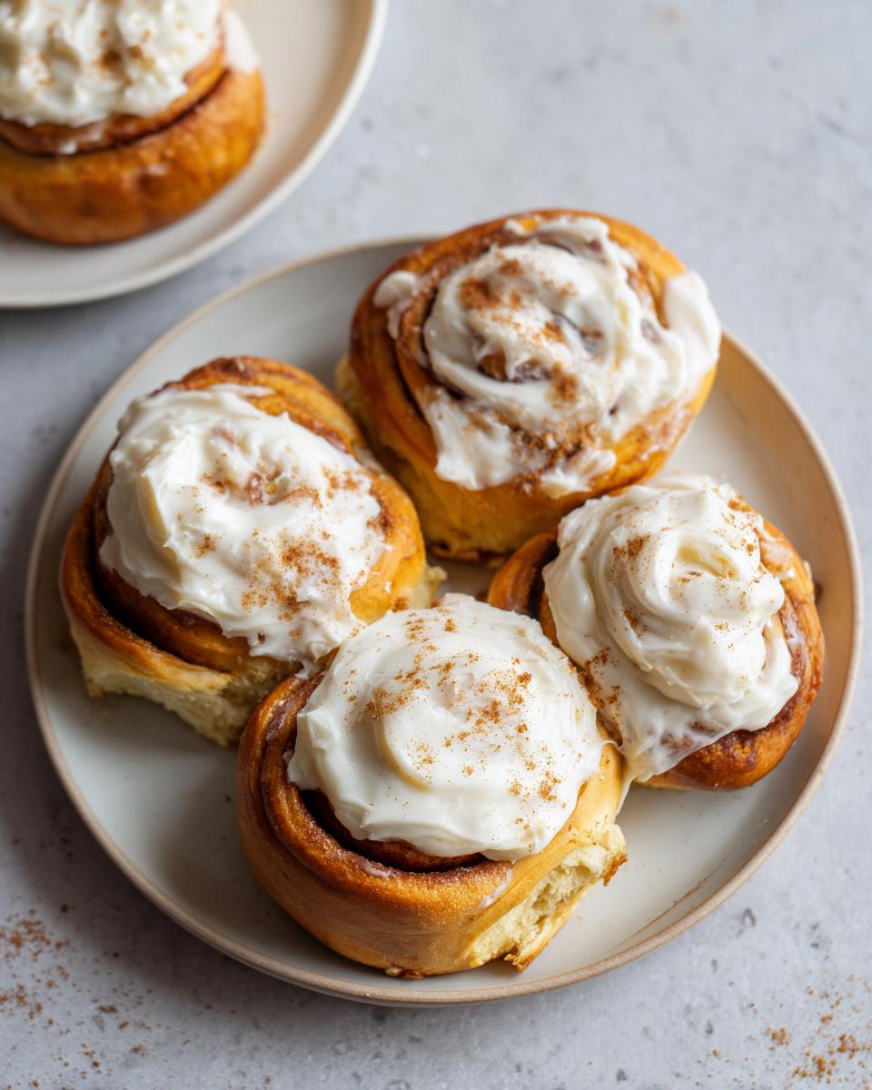 Four freshly baked cinnamon rolls topped with thick cream cheese frosting and a sprinkle of cinnamon.