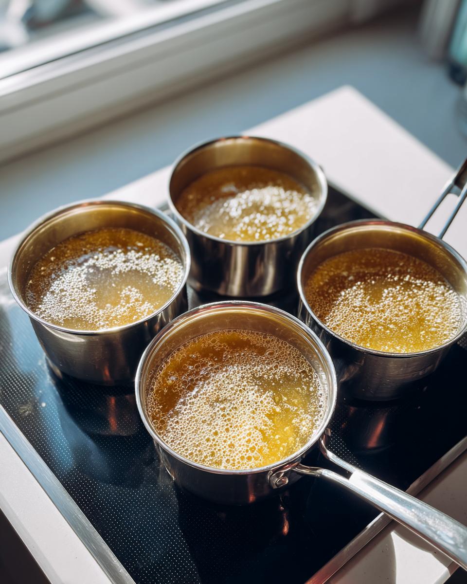Four small stainless steel pots containing simmering yellow broth, likely the base for egg drop soup, sitting on a black stovetop.