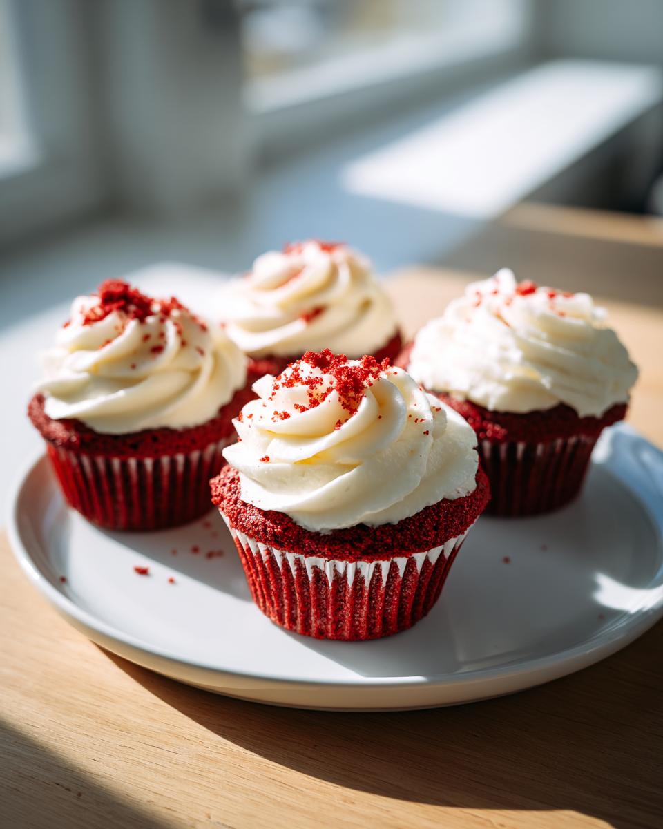Four vibrant red velvet cupcakes topped with swirls of white cream cheese frosting and red cake crumbs.