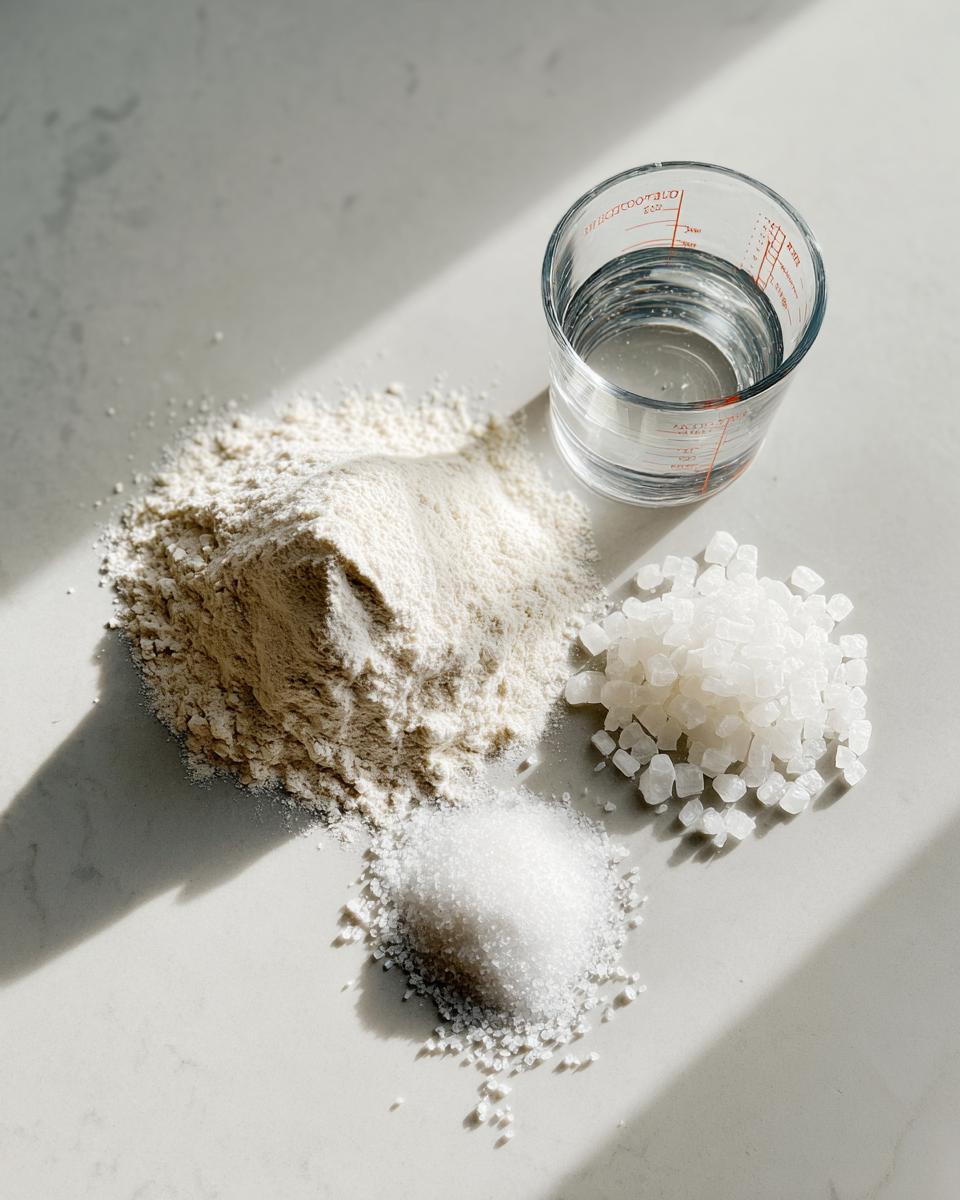 Ingredients for french bread: a pile of flour, a glass of water, and two piles of salt on a white surface.