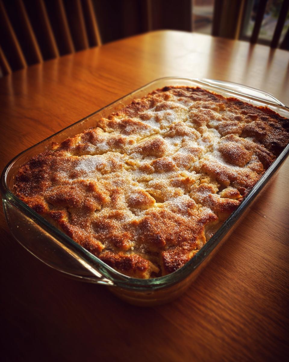 A golden brown, freshly baked apple cobbler recipe topped with granulated sugar in a clear glass baking dish.