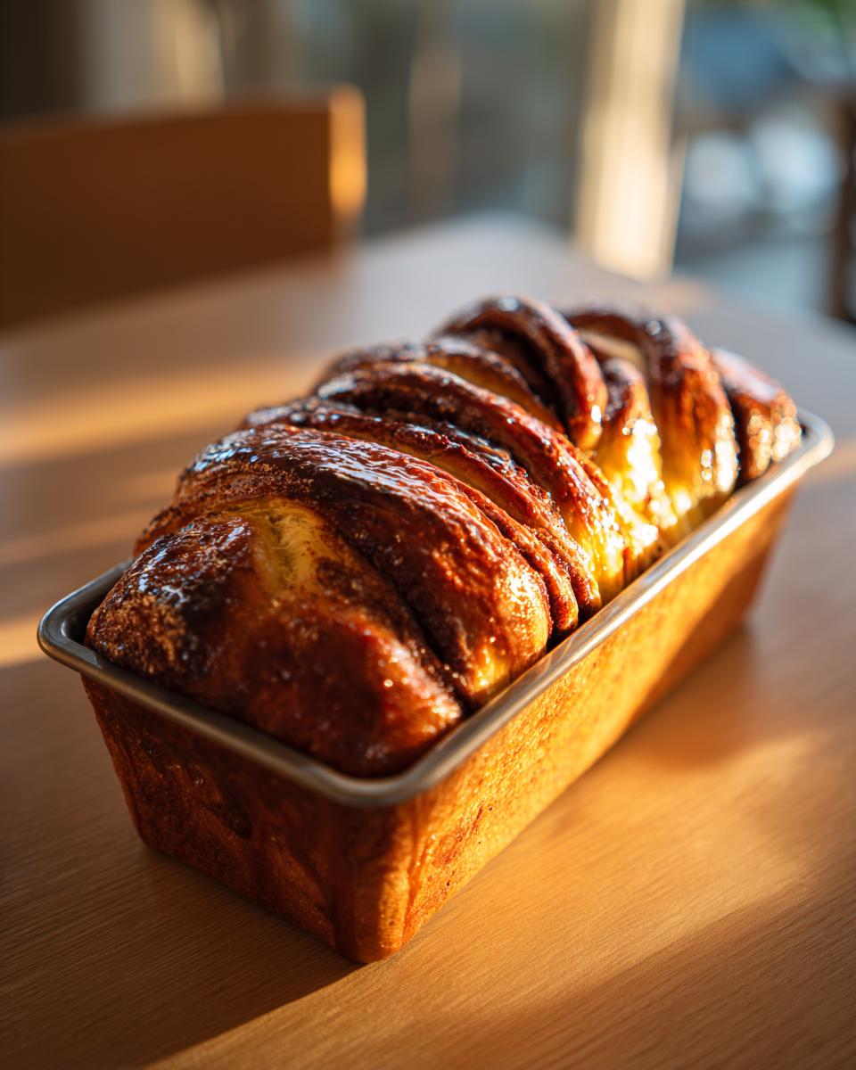 A golden-brown, glossy chocolate babka fresh from the oven, sitting in its metal loaf pan.