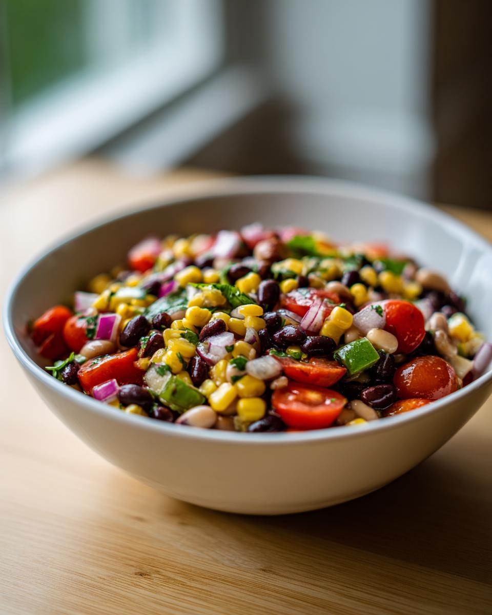 Close-up of vibrant Cowboy Caviar in a white bowl, featuring corn, black beans, tomatoes, and red onion.